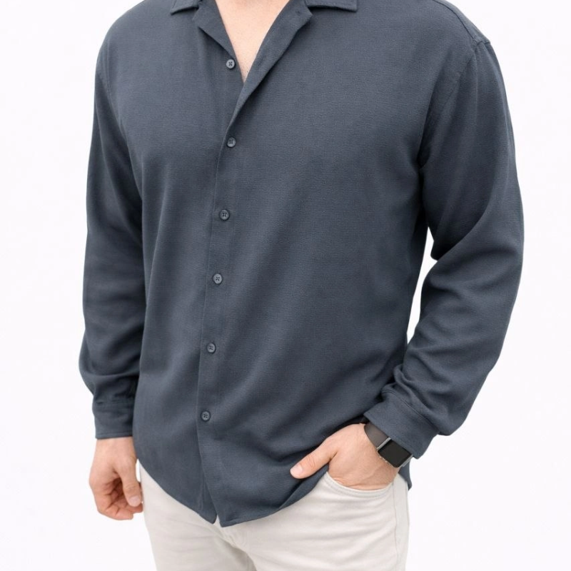 Erkek Aerobin Kumaş Oversize 4 Mevsim Uzun Kollu Rahat Kalıp Gömlek - Füme