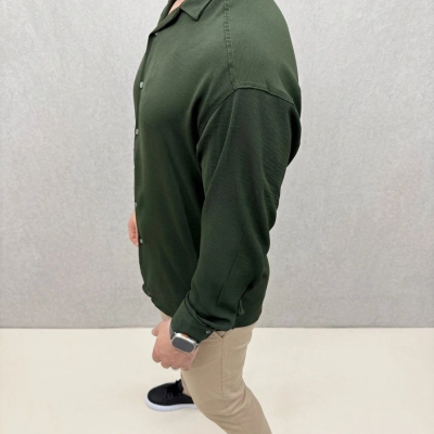 Erkek Aerobin Kumaş Oversize 4 Mevsim Uzun Kollu Rahat Kalıp Gömlek - Haki