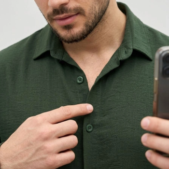 Erkek Aerobin Kumaş Oversize 4 Mevsim Uzun Kollu Rahat Kalıp Gömlek - Haki