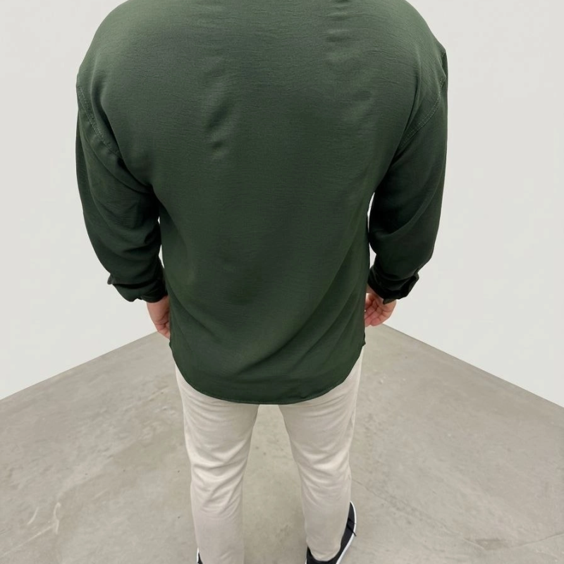 Erkek Aerobin Kumaş Oversize 4 Mevsim Uzun Kollu Rahat Kalıp Gömlek - Haki