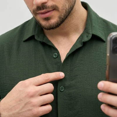 Erkek Aerobin Kumaş Oversize 4 Mevsim Uzun Kollu Rahat Kalıp Gömlek - Haki