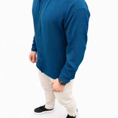 Erkek Aerobin Kumaş Oversize 4 Mevsim Uzun Kollu Rahat Kalıp Gömlek - İndigo
