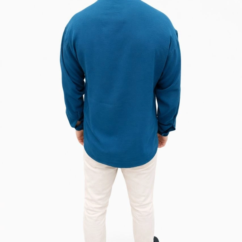 Erkek Aerobin Kumaş Oversize 4 Mevsim Uzun Kollu Rahat Kalıp Gömlek - İndigo