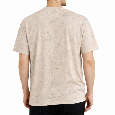 Erkek Asit Yıkama Bisiklet Yaka Kısa Kollu Oversize T-Shirt Tişört - Bej