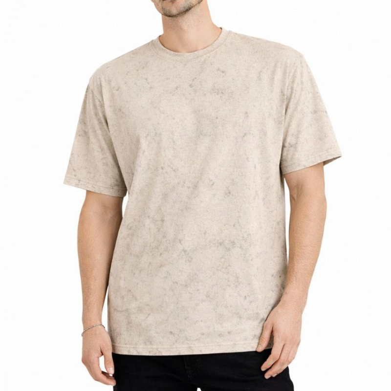 Erkek Asit Yıkama Bisiklet Yaka Kısa Kollu Oversize T-Shirt Tişört - Bej