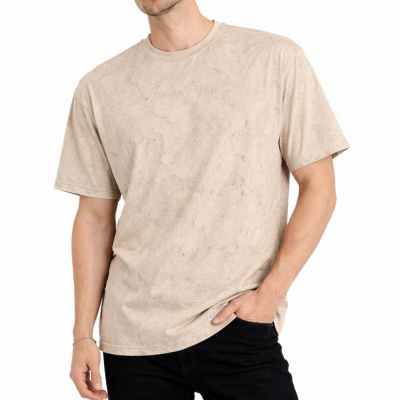 Erkek Asit Yıkama Bisiklet Yaka Kısa Kollu Oversize T-Shirt Tişört - Bej