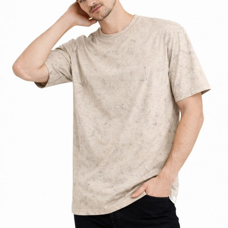 Erkek Asit Yıkama Bisiklet Yaka Kısa Kollu Oversize T-Shirt Tişört - Bej