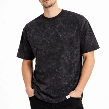 Erkek Asit Yıkama Bisiklet Yaka Kısa Kollu Oversize T-Shirt Tişört - Siyah