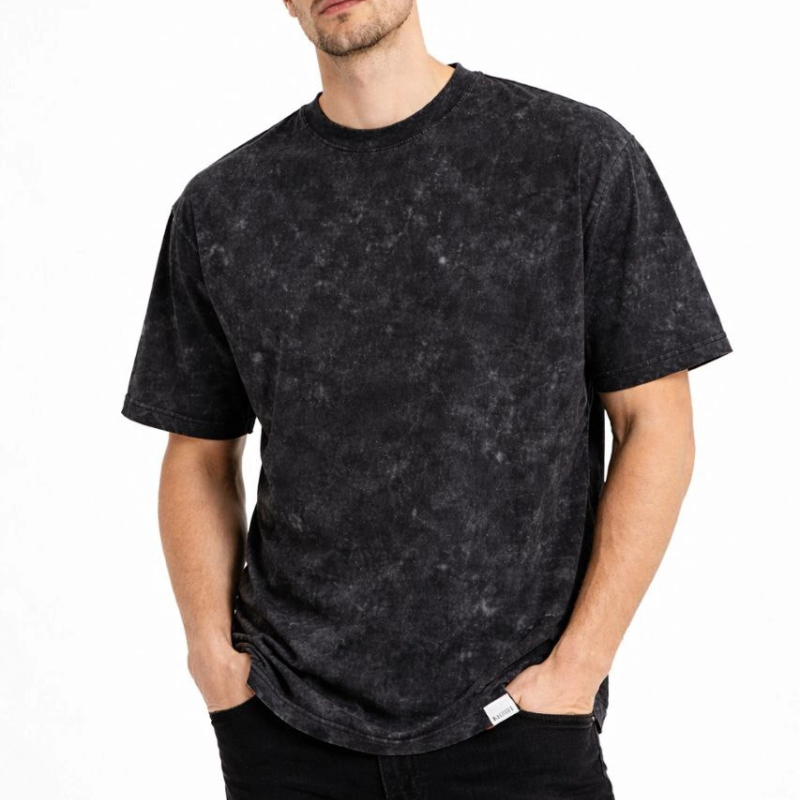 Erkek Asit Yıkama Bisiklet Yaka Kısa Kollu Oversize T-Shirt Tişört - Siyah