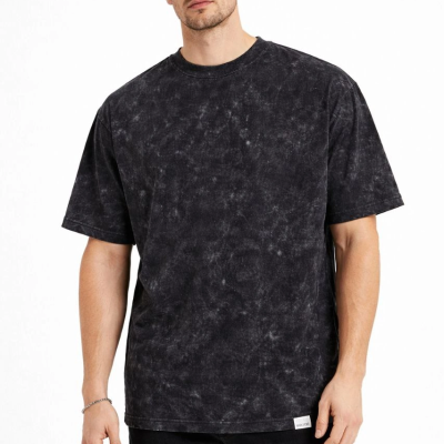 Erkek Asit Yıkama Bisiklet Yaka Kısa Kollu Oversize T-Shirt Tişört - Siyah