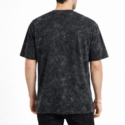 Erkek Asit Yıkama Bisiklet Yaka Kısa Kollu Oversize T-Shirt Tişört - Siyah