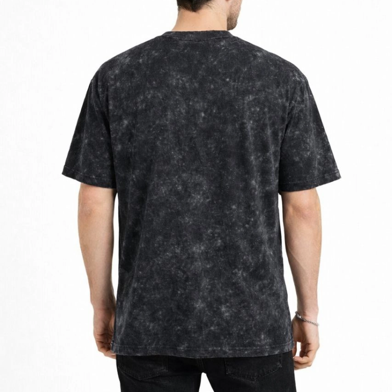 Erkek Asit Yıkama Bisiklet Yaka Kısa Kollu Oversize T-Shirt Tişört - Siyah