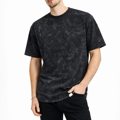 Erkek Asit Yıkama Bisiklet Yaka Kısa Kollu Oversize T-Shirt Tişört - Siyah