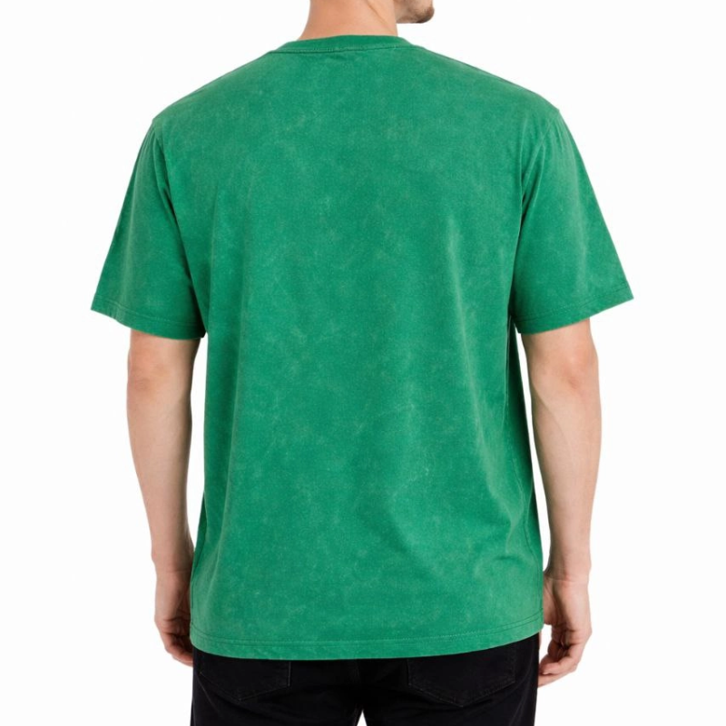 Erkek Asit Yıkama Bisiklet Yaka Kısa Kollu Oversize T-Shirt Tişört - Yeşil