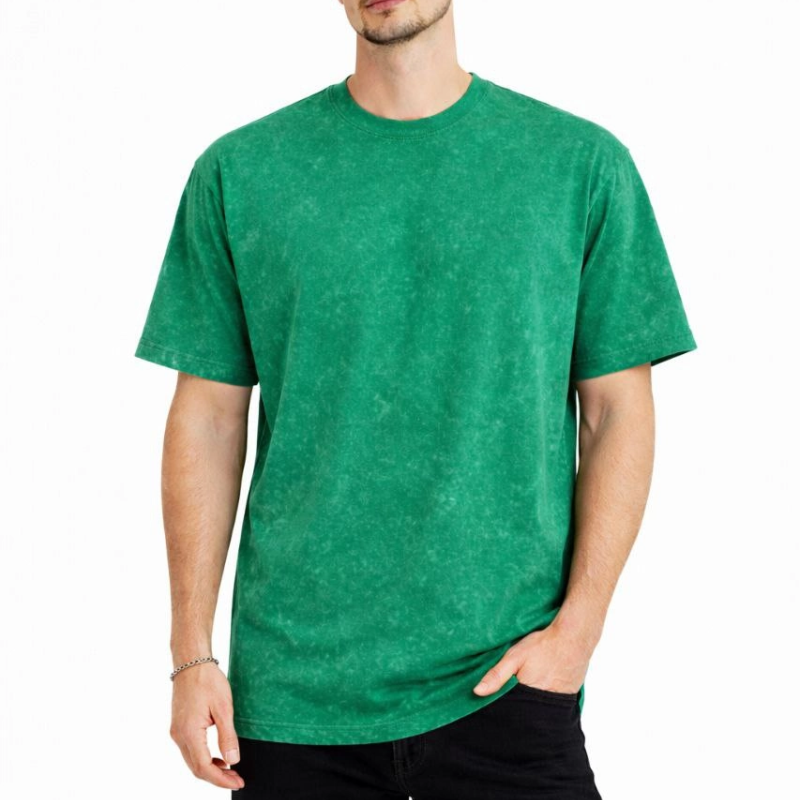 Erkek Asit Yıkama Bisiklet Yaka Kısa Kollu Oversize T-Shirt Tişört - Yeşil