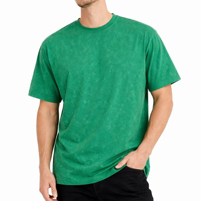 Erkek Asit Yıkama Bisiklet Yaka Kısa Kollu Oversize T-Shirt Tişört - Yeşil