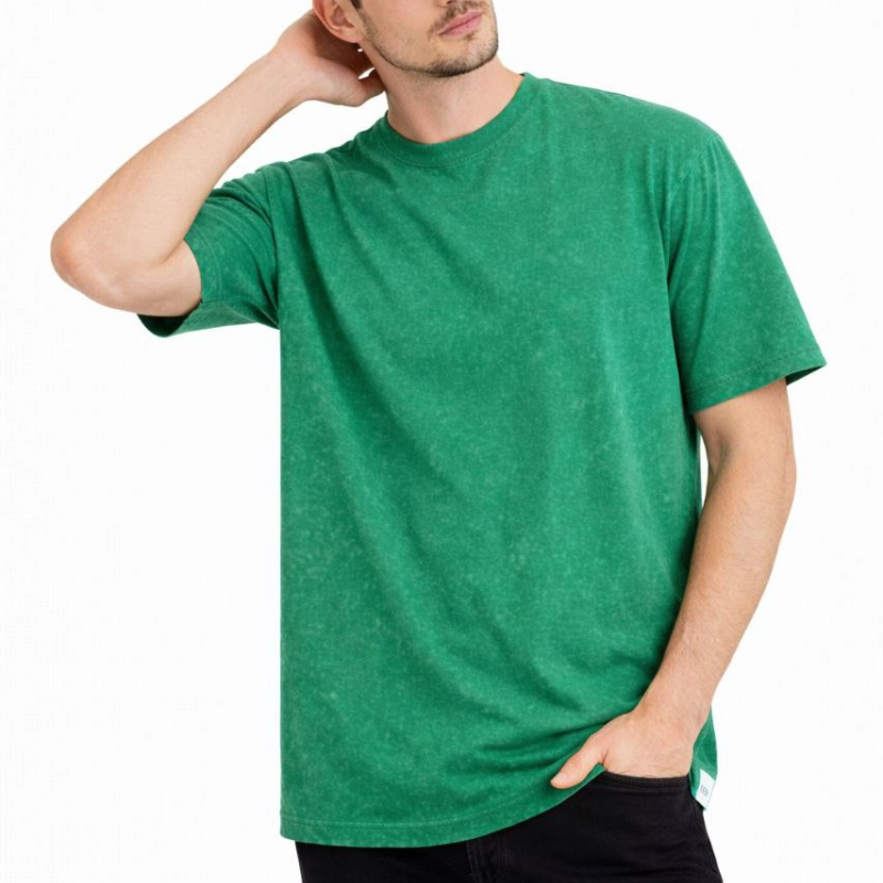 Erkek Asit Yıkama Bisiklet Yaka Kısa Kollu Oversize T-Shirt Tişört - Yeşil