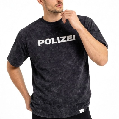 Erkek Asit Yıkamalı Baskılı Tişört Bisiklet Yaka Kısa Kollu Streetwear T-shirt - Siyah