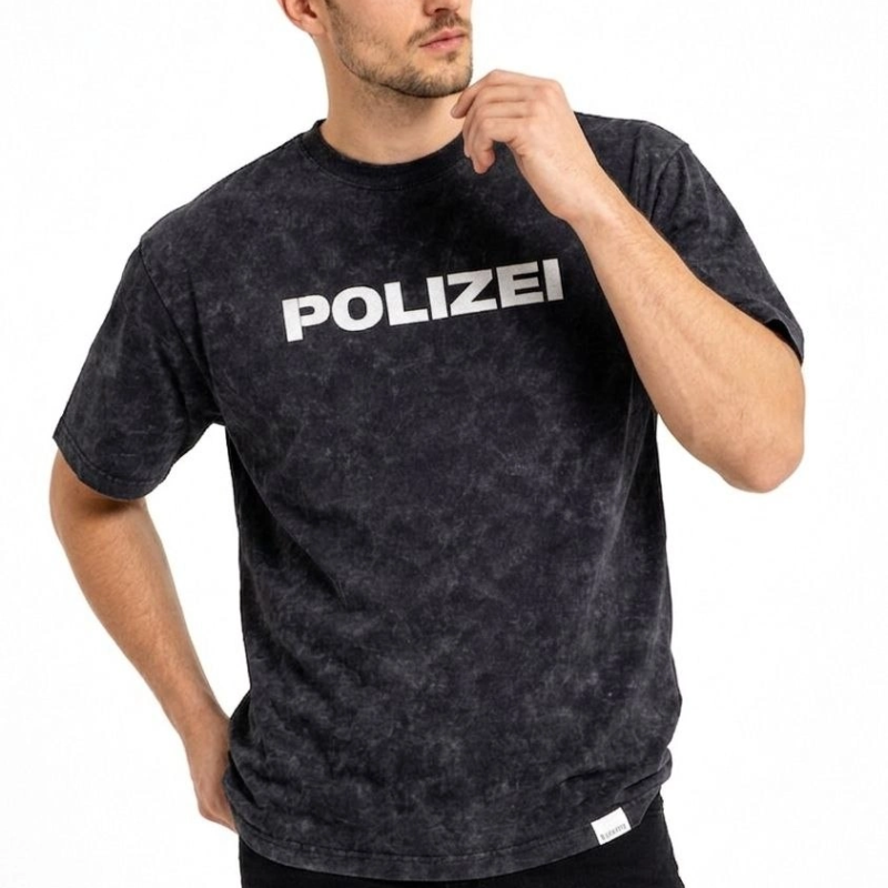 Erkek Asit Yıkamalı Baskılı Tişört Bisiklet Yaka Kısa Kollu Streetwear T-shirt - Siyah