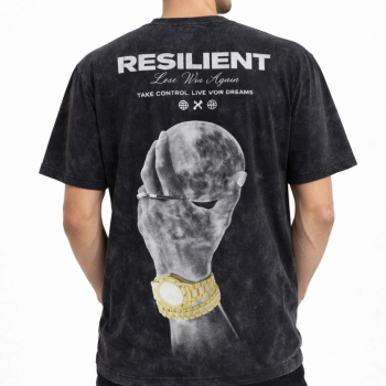 Erkek Asit Yıkamalı Baskılı Tişört Bisiklet Yaka Kısa Kollu Streetwear T-shirt - Siyah