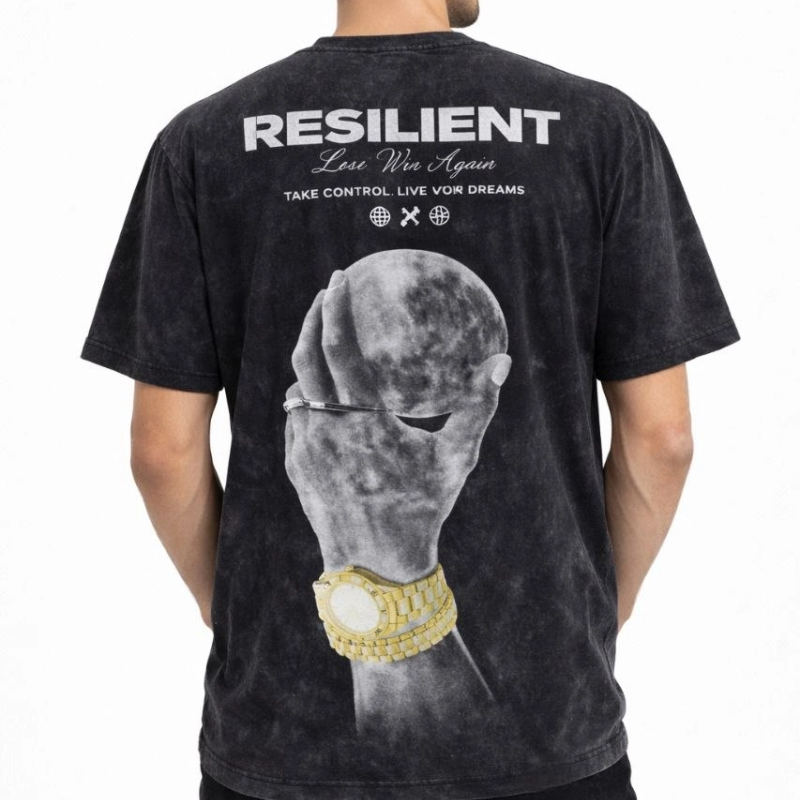 Erkek Asit Yıkamalı Baskılı Tişört Bisiklet Yaka Kısa Kollu Streetwear T-shirt - Siyah