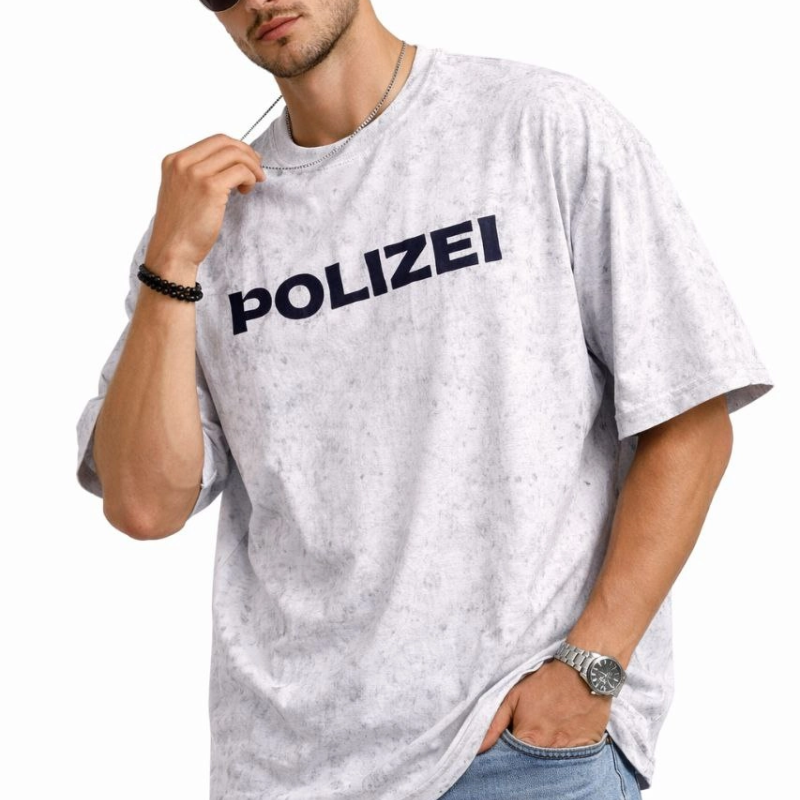 Erkek Asit Yıkamalı Oversize Tişört Bisiklet Yaka Kısa Kol T-shirt - Beyaz