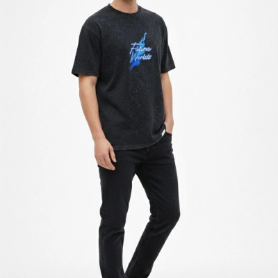 Erkek Asit Yıkamalı Oversize Tişört - Siyah