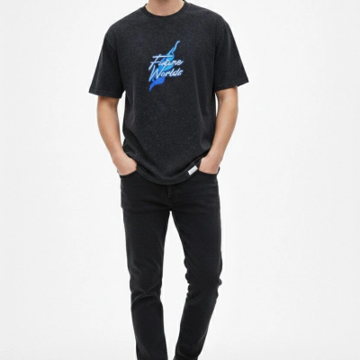 Erkek Asit Yıkamalı Oversize Tişört - Siyah