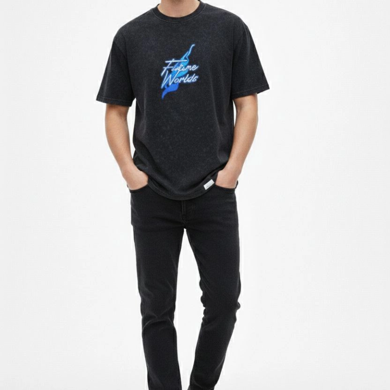 Erkek Asit Yıkamalı Oversize Tişört - Siyah