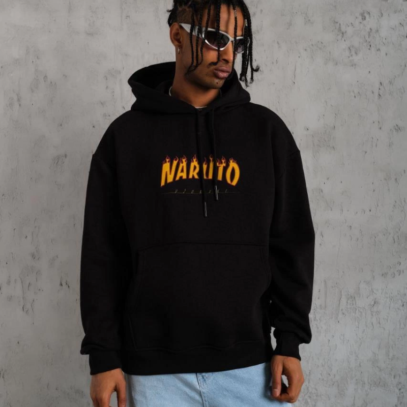 Erkek Baskılı Kapüşonlu 3 iplik pamuklu hoodie Sweatshirt - Siyah