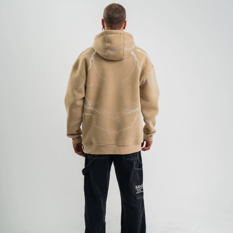 Erkek Baskılı Kapüşonlu Oversize 3 İplik Pamuklu SweatShirt Hoodie - Bej