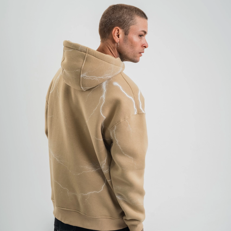 Erkek Baskılı Kapüşonlu Oversize 3 İplik Pamuklu SweatShirt Hoodie - Bej