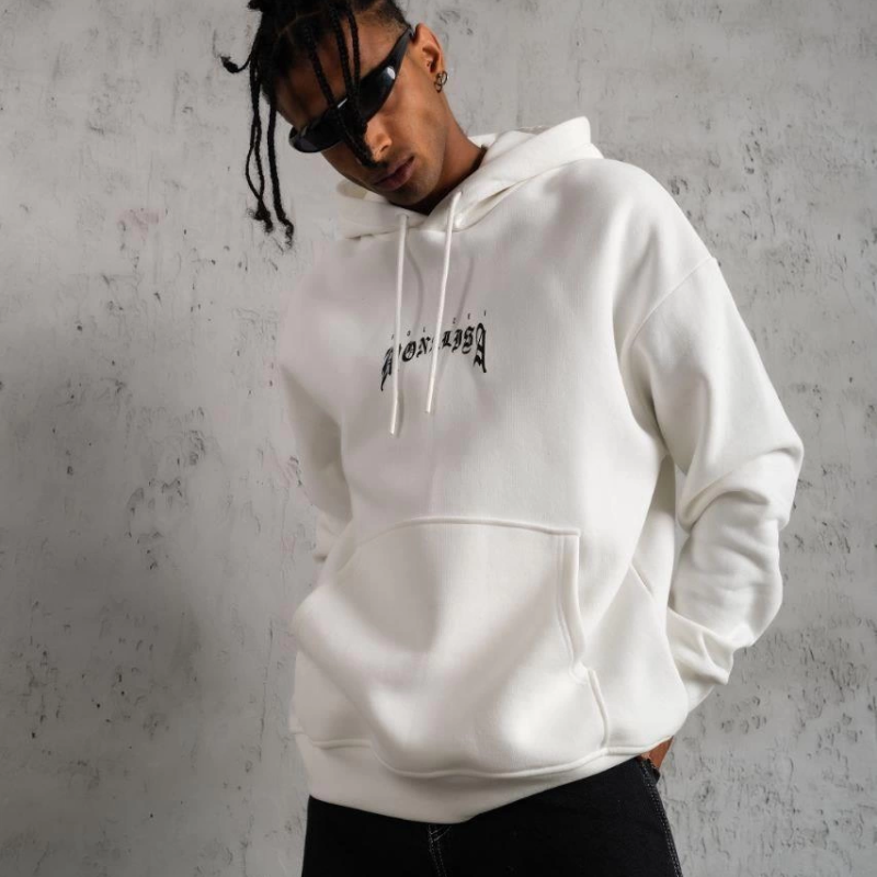 Erkek Baskılı Kapüşonlu ve Kanguru Cepli Sweatshirt hoodie - Beyaz