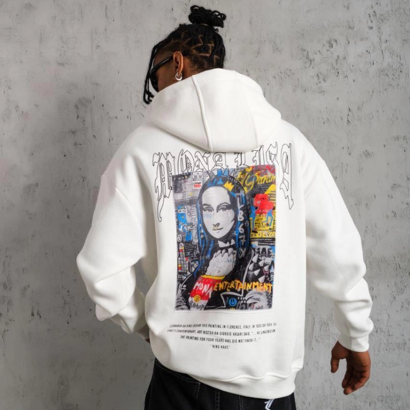 Erkek Baskılı Kapüşonlu ve Kanguru Cepli Sweatshirt hoodie - Beyaz