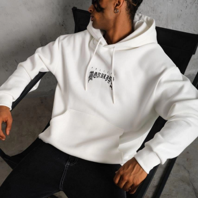 Erkek Baskılı Kapüşonlu ve Kanguru Cepli Sweatshirt hoodie - Beyaz