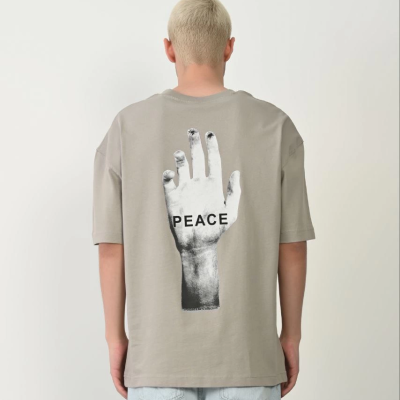 Erkek Baskılı T-Shirt Kısa Kol Bisiklet Yaka Rahat Kalıp Tişört - Boyalı Gri