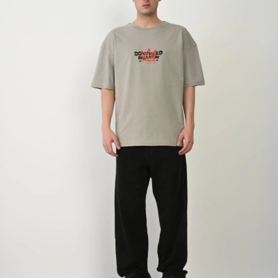 Erkek Baskılı T-Shirt Kısa Kol Bisiklet Yaka Rahat Kalıp Tişört  - Boyalı Gri