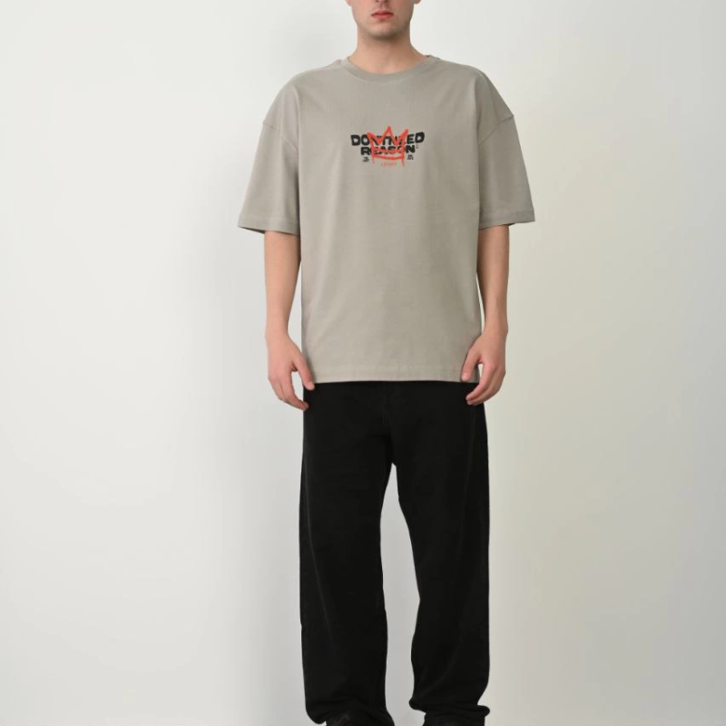 Erkek Baskılı T-Shirt Kısa Kol Bisiklet Yaka Rahat Kalıp Tişört  - Boyalı Gri