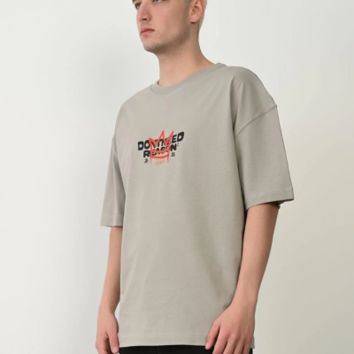 Erkek Baskılı T-Shirt Kısa Kol Bisiklet Yaka Rahat Kalıp Tişört  - Boyalı Gri