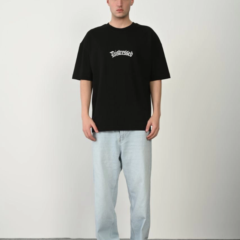 Erkek Baskılı T-Shirt Kısa Kol Bisiklet Yaka Rahat Kalıp Tişört - Siyah