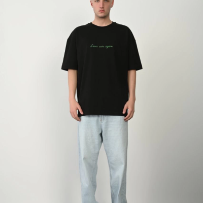 Erkek Baskılı T-Shirt Kısa Kol Bisiklet Yaka Rahat Kalıp Tişört  - Siyah