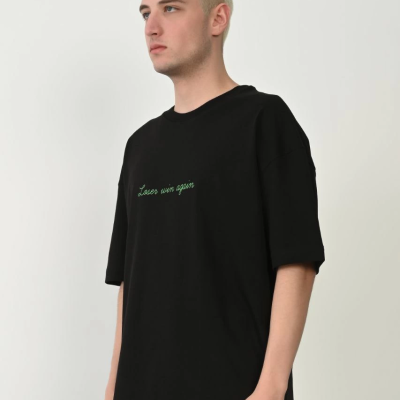 Erkek Baskılı T-Shirt Kısa Kol Bisiklet Yaka Rahat Kalıp Tişört  - Siyah