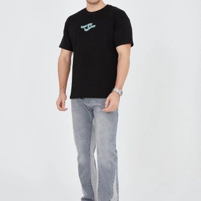 Erkek Baskılı T-Shirt Kısa Kol Bisiklet Yaka Regular Fit Rahat Kalıp Günlük Tişört - Siyah