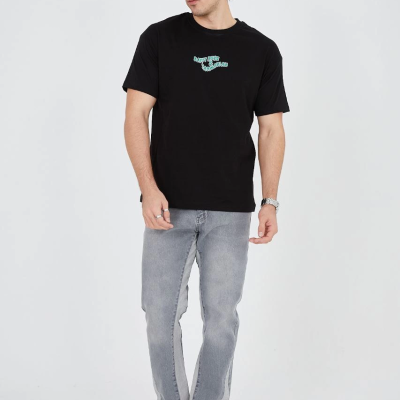 Erkek Baskılı T-Shirt Kısa Kol Bisiklet Yaka Regular Fit Rahat Kalıp Günlük Tişört - Siyah