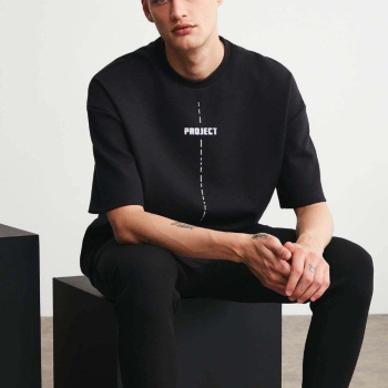 Erkek Baskılı T-Shirt Kısa Kol Bisiklet Yaka Regular Fit Rahat Kalıp Tişört - Siyah