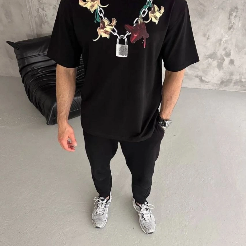 Erkek Baskılı T-Shirt Kısa Kol Bisiklet Yaka Regular Fit Rahat Tişört - Siyah