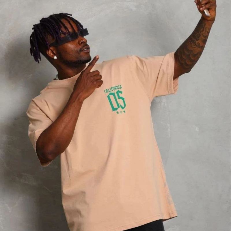 Erkek Baskılı T-Shirt Kısa Kol Bisiklet Yaka Regular Fit Tişört - Bej