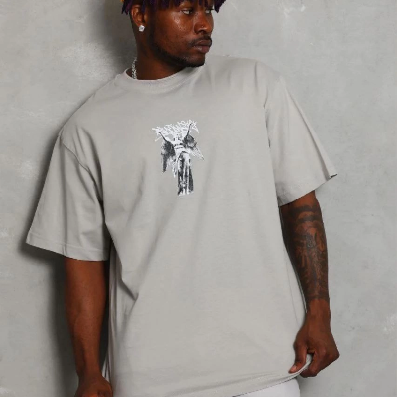 Erkek Baskılı T-Shirt Kısa Kol Bisiklet Yaka Regular Fit Tişört - Gri