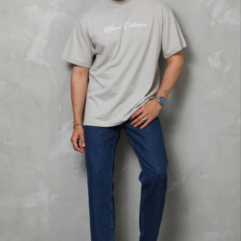 Erkek Baskılı T-Shirt Kısa Kol Bisiklet Yaka Regular Fit Tişört - Gri