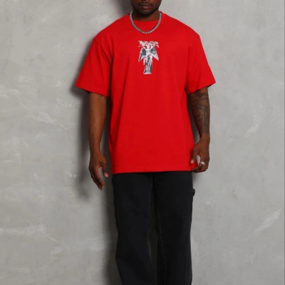 Erkek Baskılı T-Shirt Kısa Kol Bisiklet Yaka Regular Fit Tişört - Kırmızı